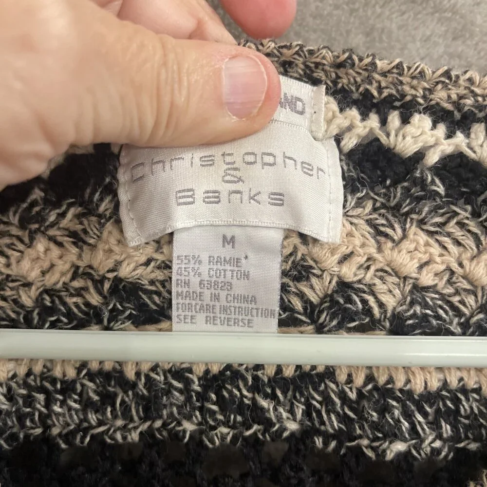 Vtg  Christopher & Banks Hand Knit Cardigan Sweater Women’s M Black, White & Tan